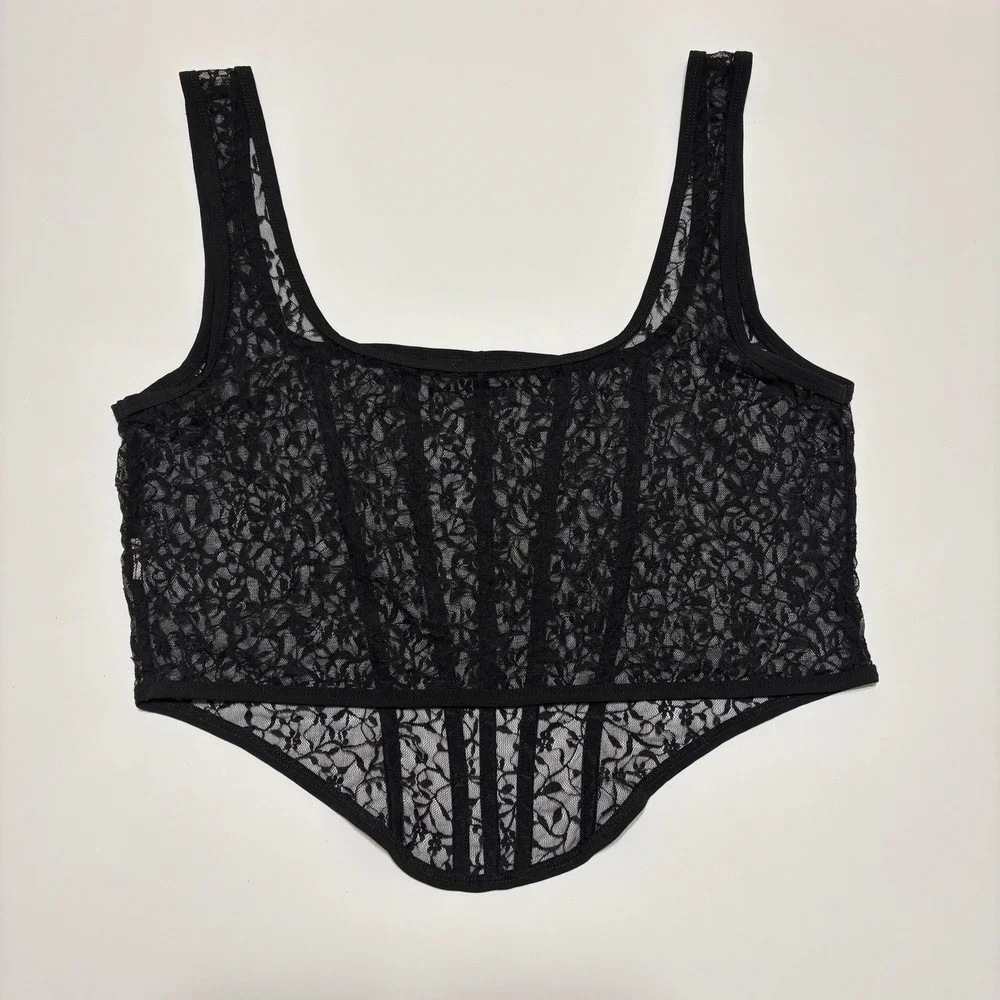 Womens Fairy Grunge Whimsigoth Sheer Floral Lace Corset Top Sz Medium Black Edgy